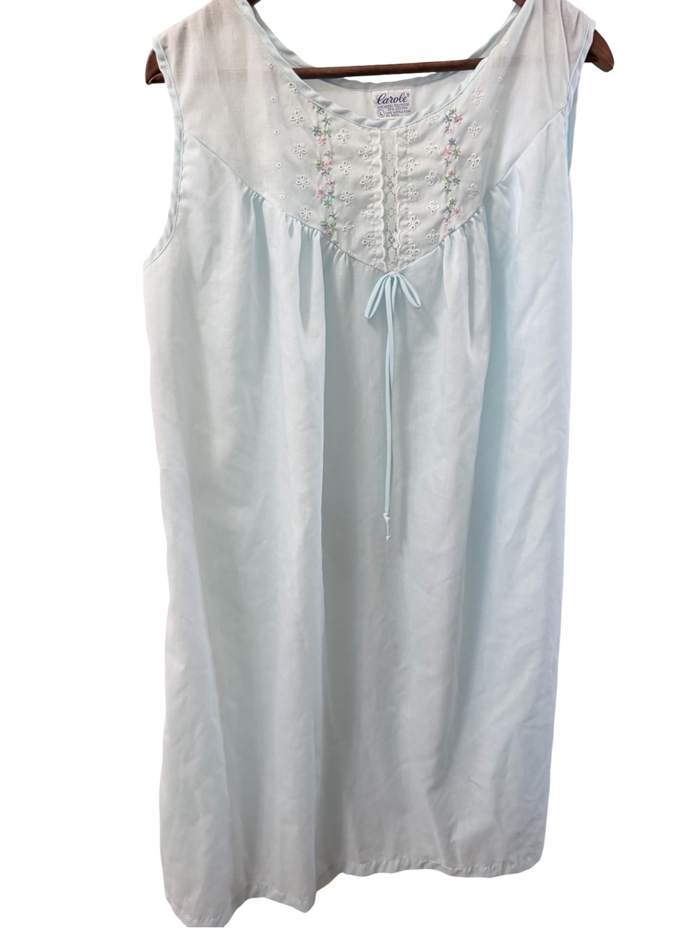 Carolee Pale Blue Sleeveless Embroidered Nightgown with Front Tie